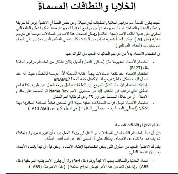 ملخص شرح الخلايا والنطاقات المسماة في الإكسيل Excel 2019 بالعربي PDF